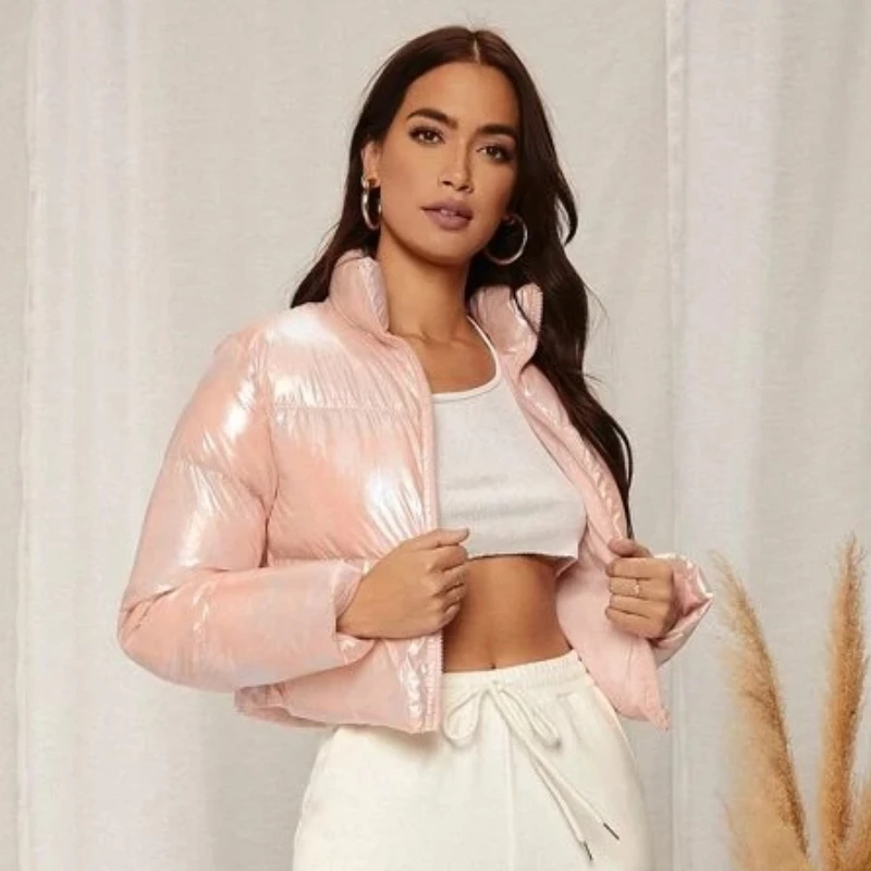 Glossy Women's Wear 2021 Long-sleeved Stand-up Collar Thermal Insulation Sequins Overcoming Zipper Cotton-padded Clothes Women