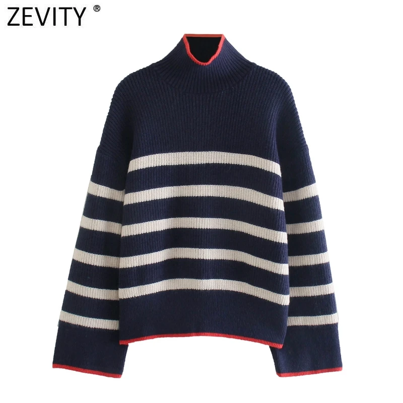 

Zevity New Women Fashion Contrast Color Striped Pattern Casual Knitting Sweater Female Chic Long Sleeve Pullovers Tops SW1047