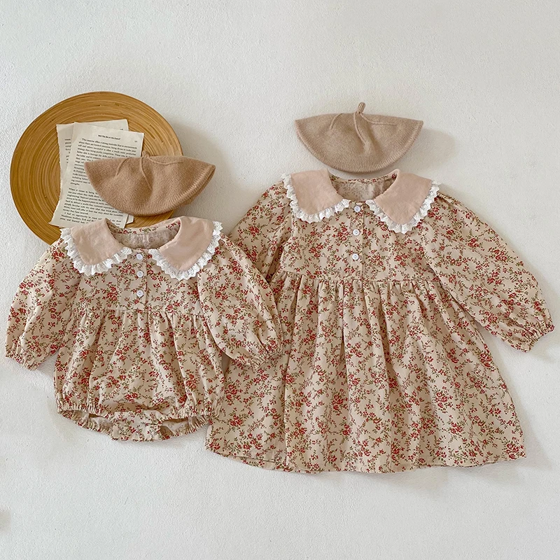 

Korean Girls Spring Autumn New Dress Girl Lace Lotus Leaf Lapel A-shaped Princess Dress Baby Girls Romper Kids Sister Outfit