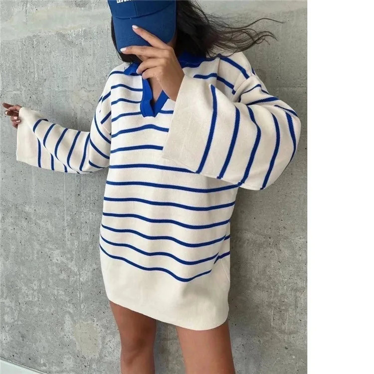 

Ladies Long Striped Knitted Tops Women Autumn Winter Loose Long Sleeve Sweater Pullover V Neck Casual Streetwear Sweater Female