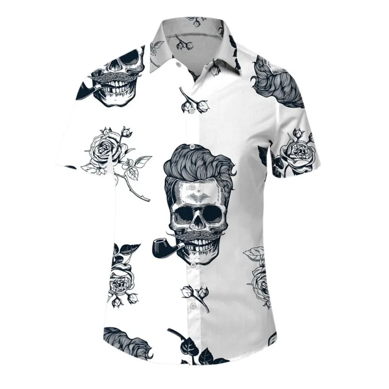 

Летняя Гавайская Мужская рубашка с 3D-принтом черепа, Пляжная рубашка с коротким рукавом и пуговицами, Повседневная модная крутая мужская модель