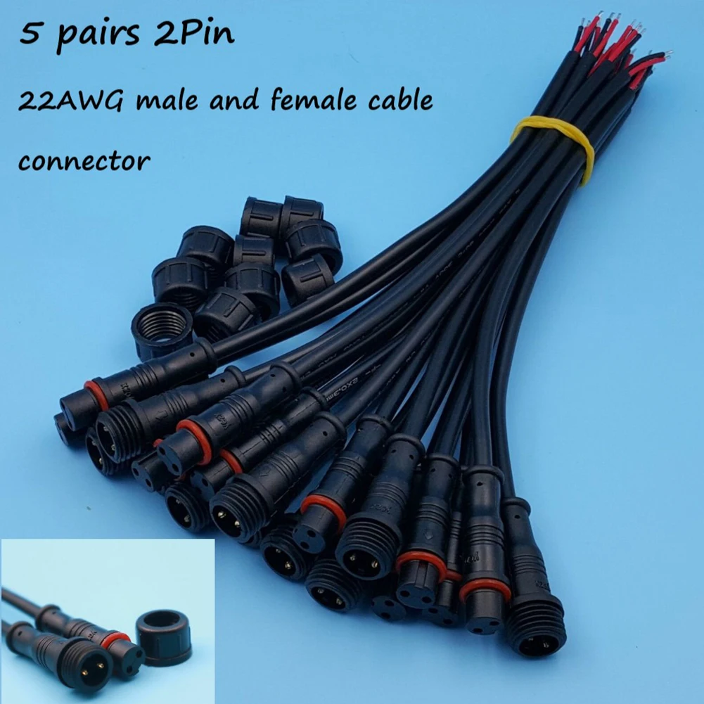 

5 Pairs IP65 Waterproof 2/3-Pin 22AWG Wire LED Male And Female Cable Connector LED Light Bar Connector DC 12V Camera Power Cord