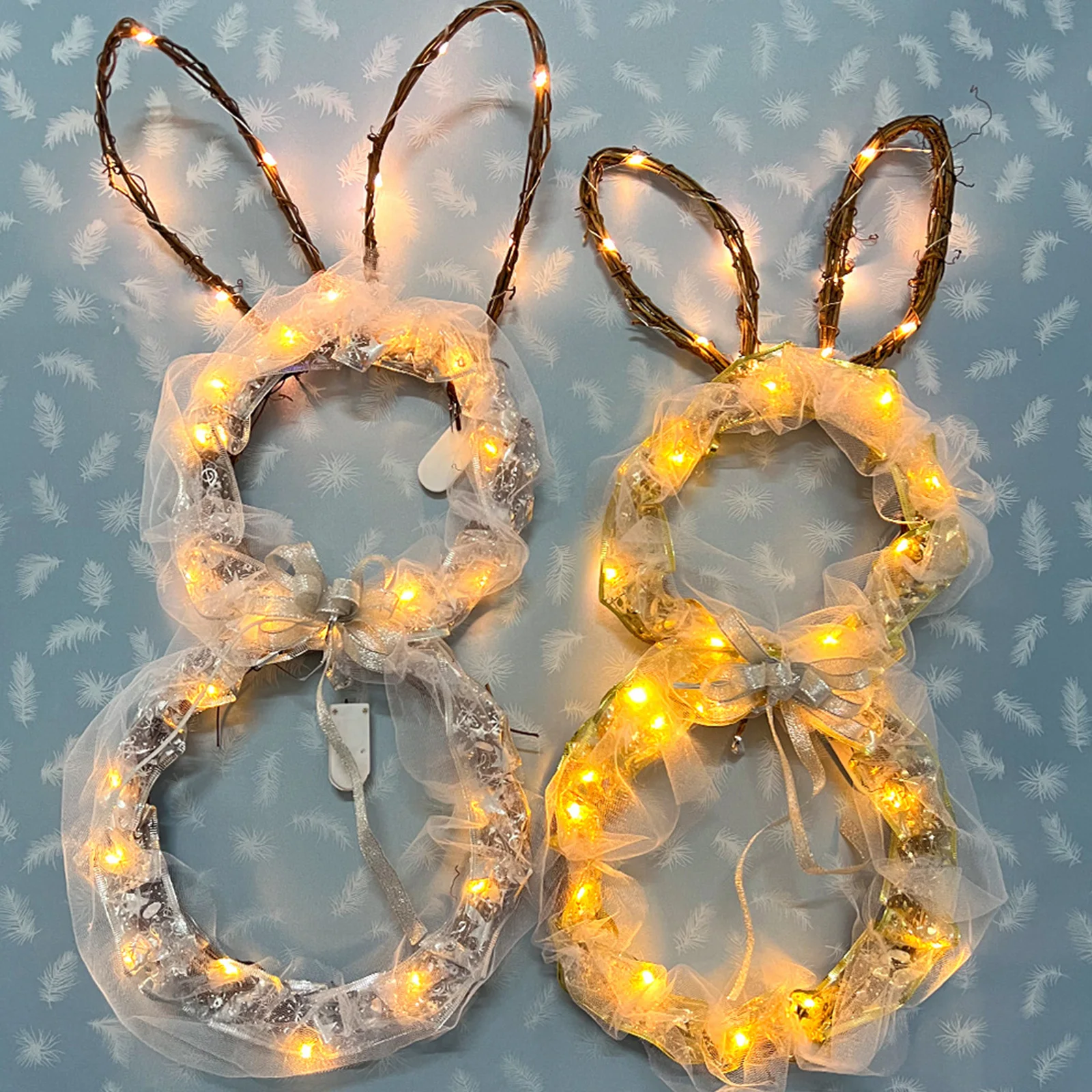 

LED Bunny Garland Battery Powered Foldable Front Door Bunny Wreath Home Wall Window Rabbit Shaped Ornaments Easter Decorations