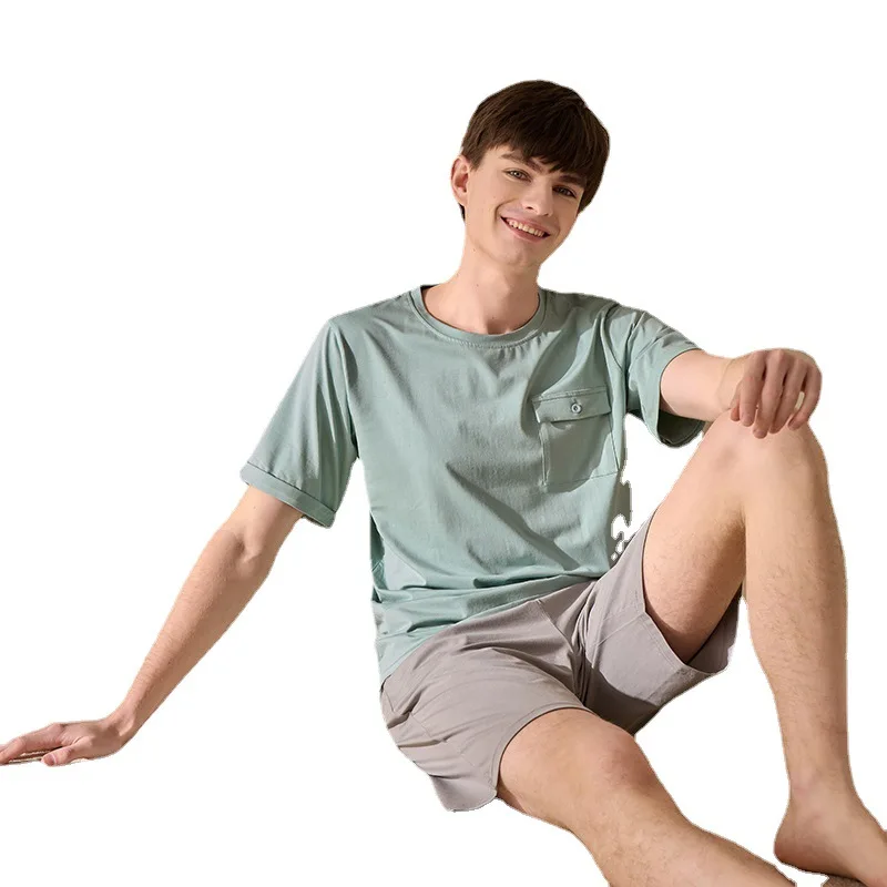 2022 New Summer 40S Cotton Pajamas Sets Men Homewear Boy High Quality Short Sleeve Night Sleep Pants