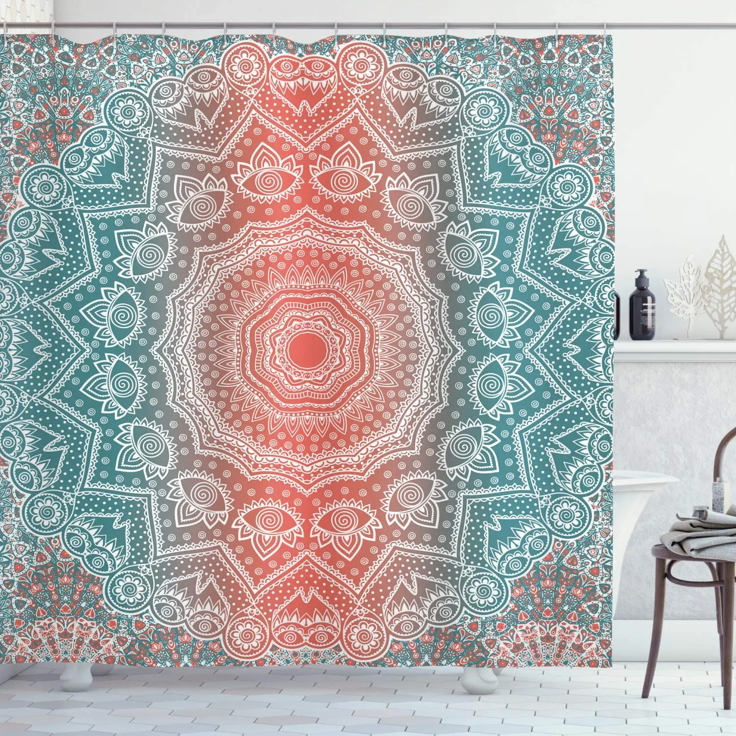 

Coral and Teal Shower Curtain, Modern Tribal Mandala Tibetan Healing Motif with Floral Geometric Ombre Art, Bathroom Decor