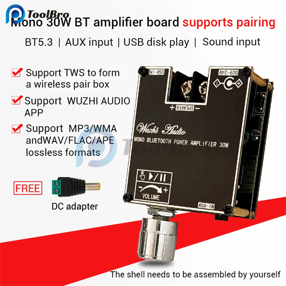 

App Control TWS 30W Bluetooth 5.3 Mono Sound Amplifier Board DC 9-24V AUX for Car Speaker Karaoke Smart Home Theater Subwoofer