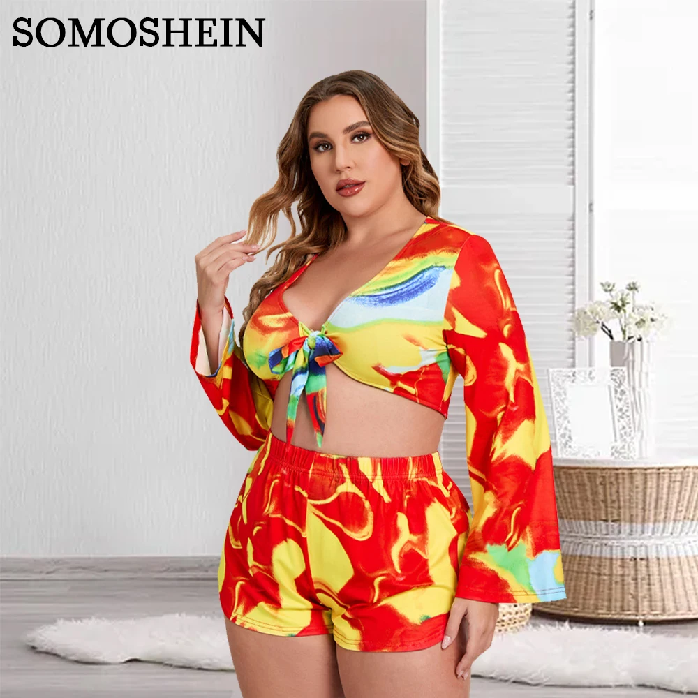 

SOMOSHEIN Plus Size Women Clothing Sexy Print Set Summer Beach Vacation Shorts Long Sleeve Top Two Piece Wholesale Dropshipping