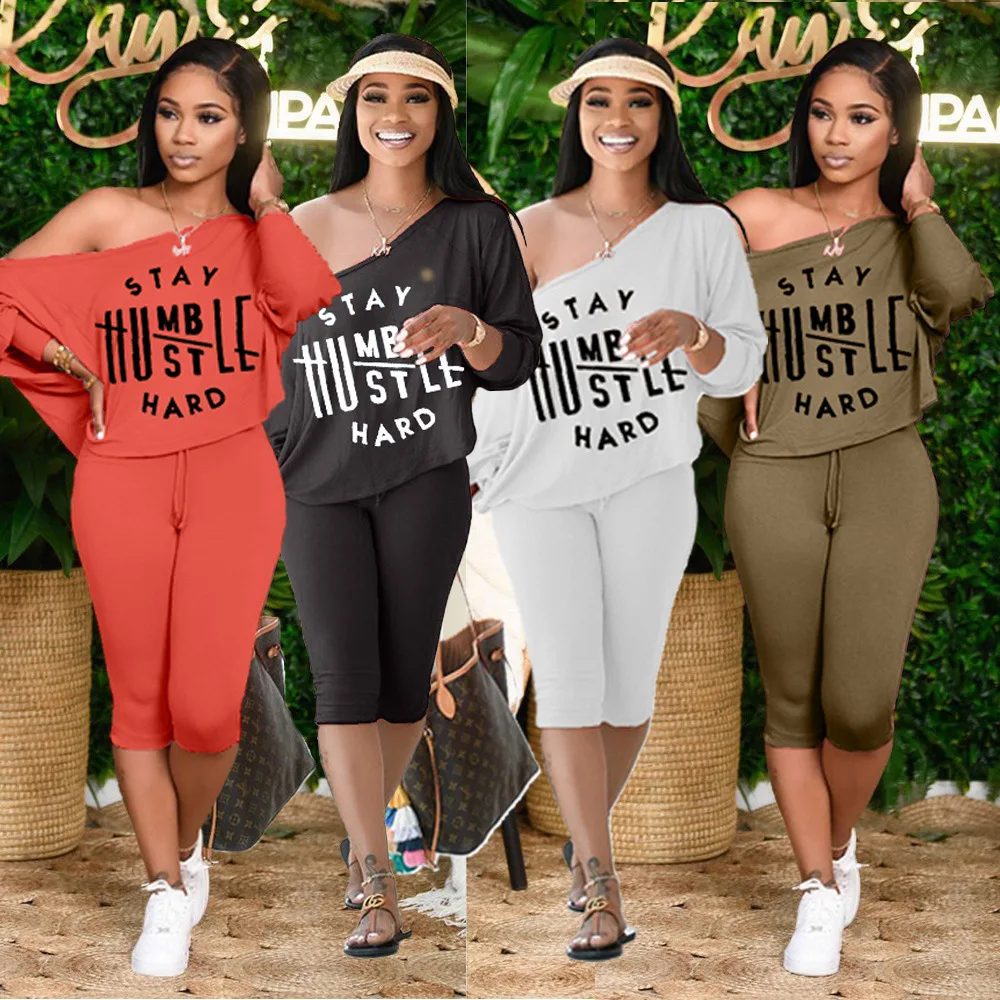

New Street Sports Two Piece Set Ladies Fashion Letter Print Diagonal Neck Long Sleeve T-Shirt and Shorts Set Women Casual Suits