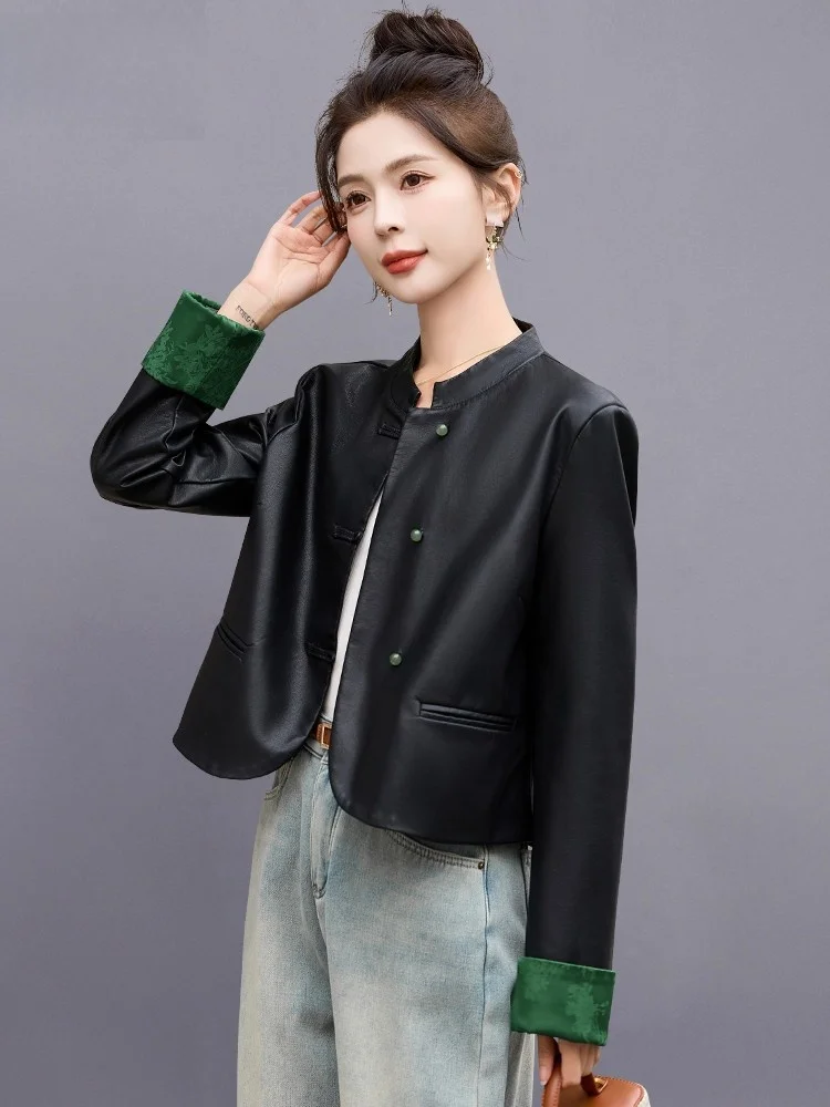 Китайское кожаное пальто Sle National Верхняя одежда Короткая женская 2024 Весна и осень