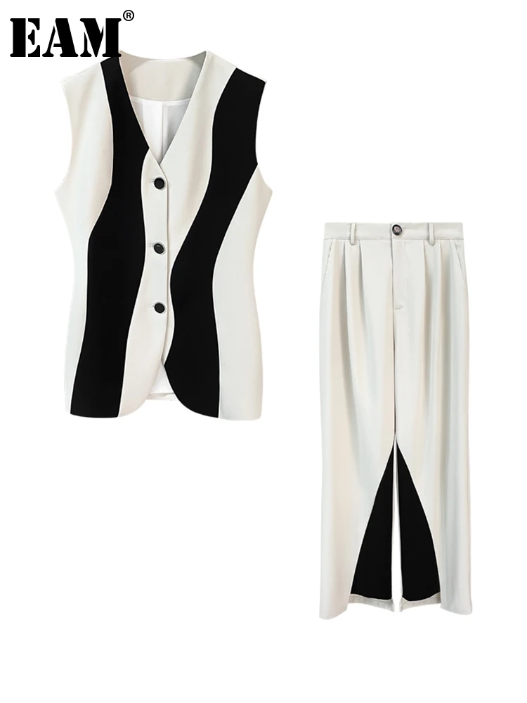 

[EAM] Wide Leg Pants Color-block Elegant Two Piece Suit New V-neck Sleeveless Women Fashion Tide Spring Autumn 2022 1DF0157