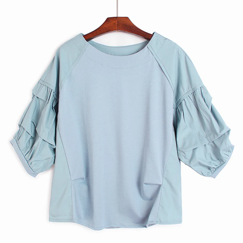 

SuperAen Lantern Short Sleeve O Neck Solid T-shirt Women's 2022 Spring Summer New Pleated Patchwork Loose Slim All Match Tops