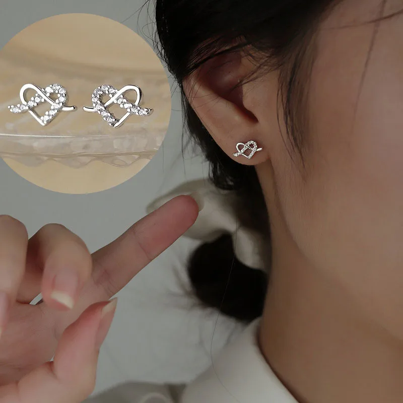 

S925 Silver Sweet Ear Studs Earring Delicate Prevent Allergy Heart Bling Zircon Stone Stud Earrings For Women Girls Jewelry Gift