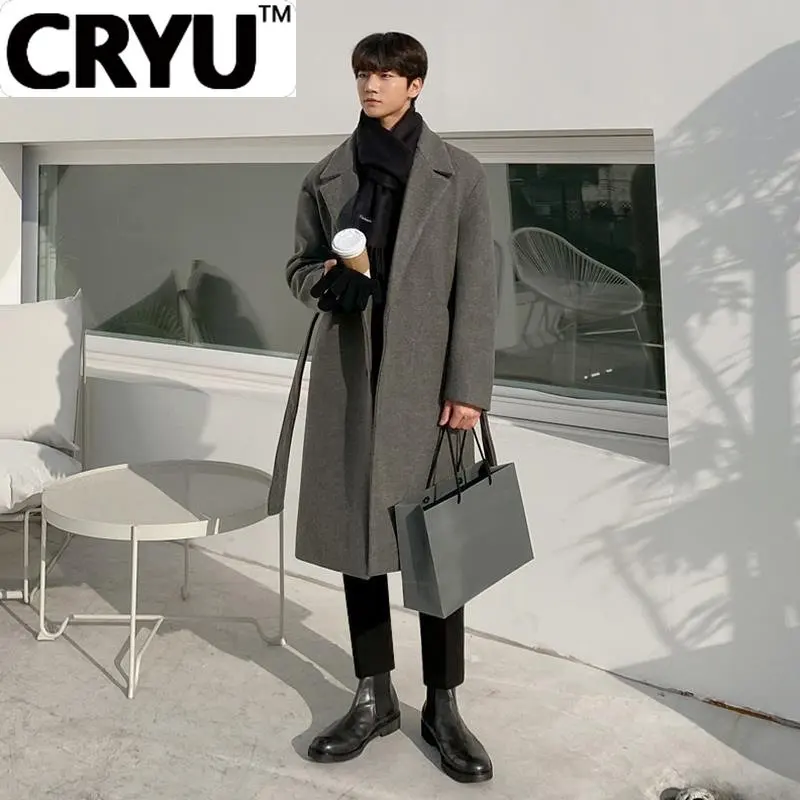 

CRYU Korean Winter Woolen Overcoat Men's Long Style Trend Handsome Over Knee Thickening Medium Length Grey Coat With Belt 9Y8465