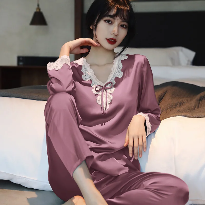 New Spring, Summer and Autumn Thin Type Silk Long Sleeve Lace Casual Women's Ice Silk Pajamas Pullover Pajamas