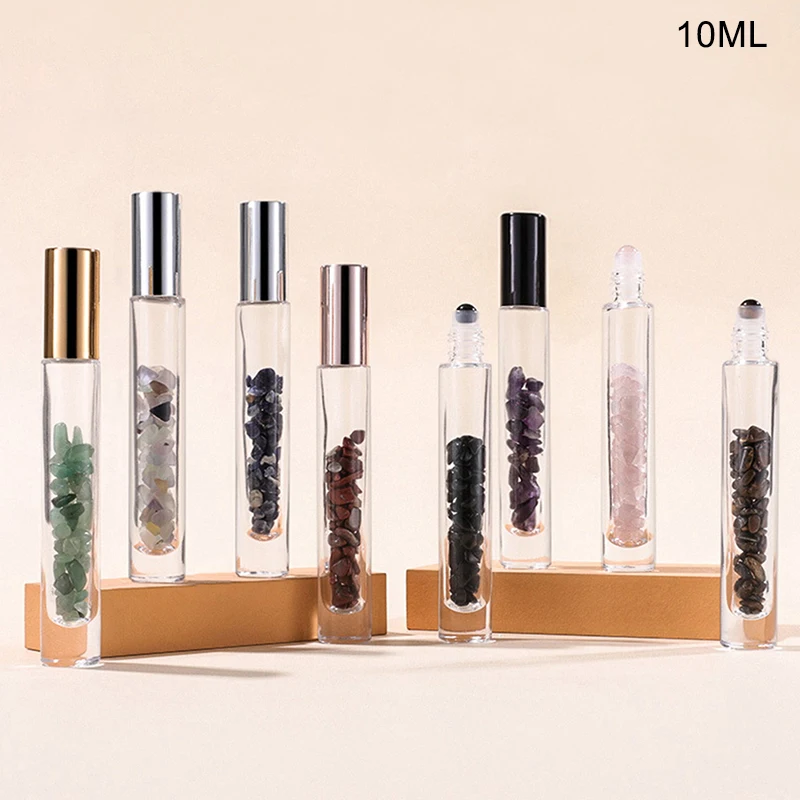 

1PC 10ml Natural Gemstone Roller Bottles For Essential Oils Refillable Roll-On Healing Crystal Bottles Chips Semiprecious Stones