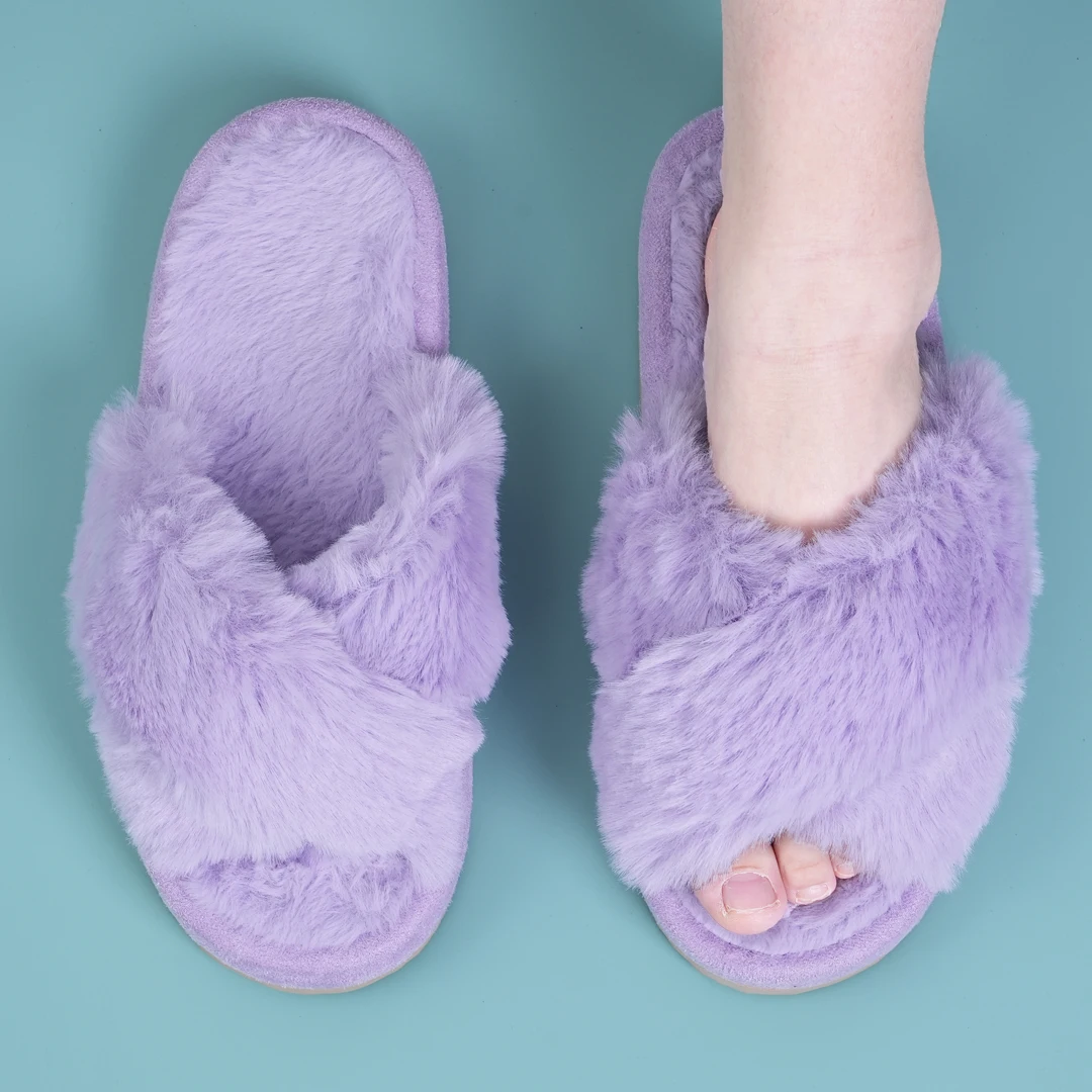 Comwarm Winter Women Casual Fuzzy Slippers Female Flip Flops Fluffy Shoes Cross Slides Ladies Soft Plush Home Indoor Slippers