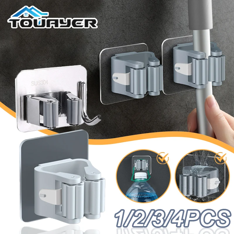 1/2/4Pcs Multi-Purpose Hooks Mop Rack Wall-Mounted Mop Stora