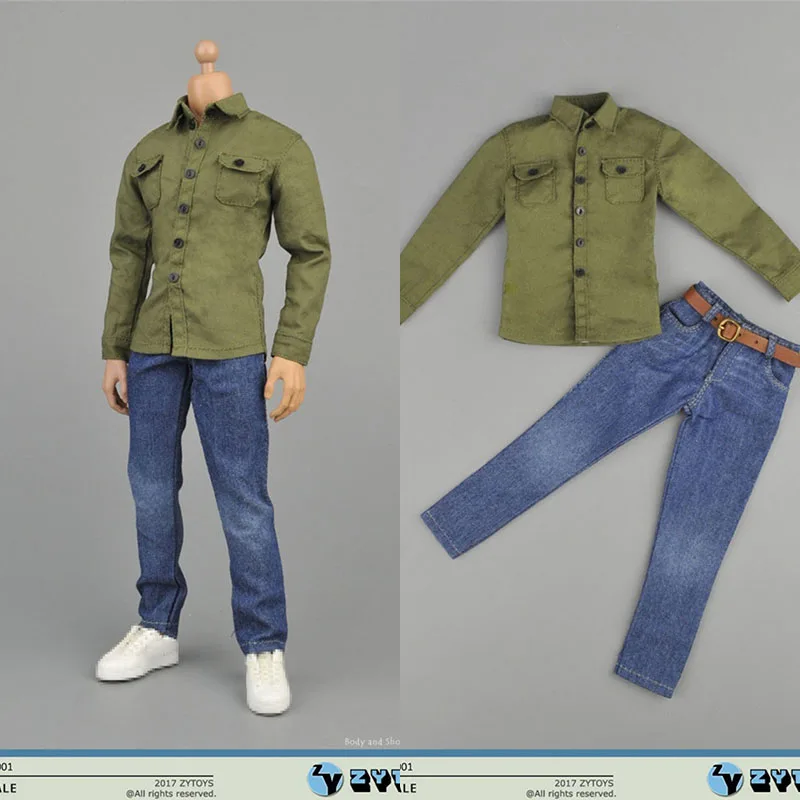 

1/6 Scale Men's Soldier Fashion Casual All-match Green Shirt Blue Jeans With Belt for 12 Inches Action Figure Model Doll
