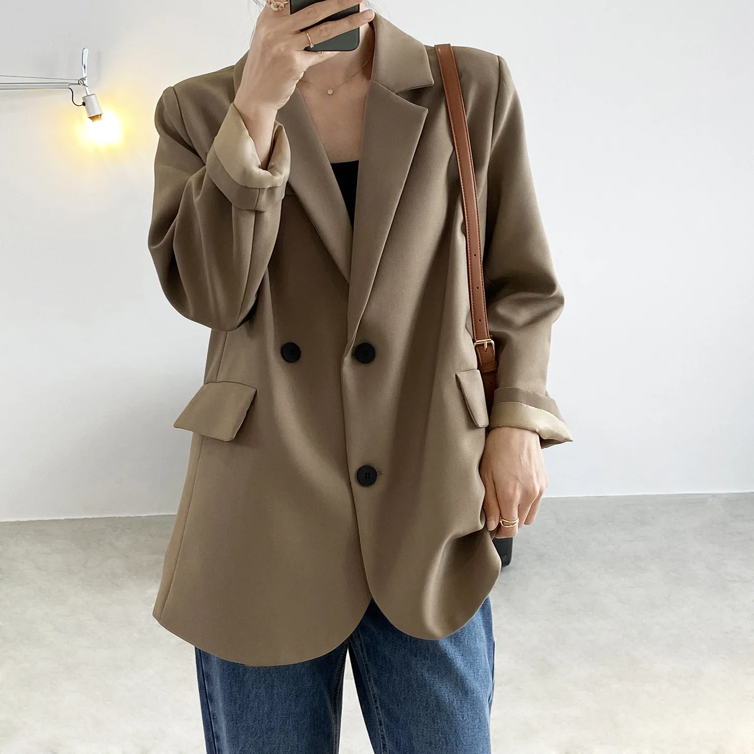 

SuperAen Suit Jacket Women 2022 Spring Autumn Solid Loose Notched Full Office Lady Blazers