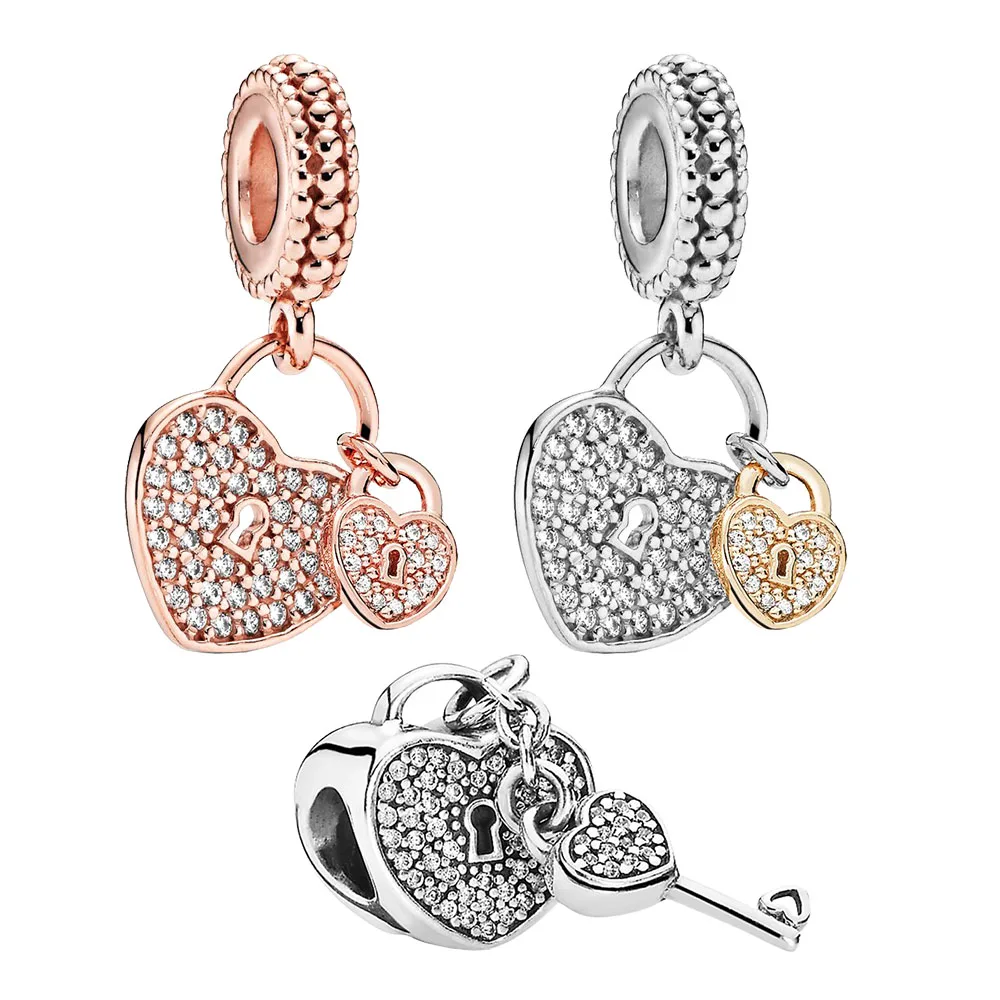 Pandora S925 Silver Pavé Coussins Padlocks Dangle Charm pour bracelet, DIY Executive As Lovers and Friends, Birthday Gifts