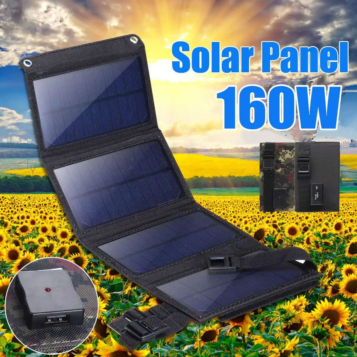 

160W Foldable Solar Panel 5V Portable Battery Charger USB Port Outdoor Waterproof Power Bank for Phone PC Car RV Boat