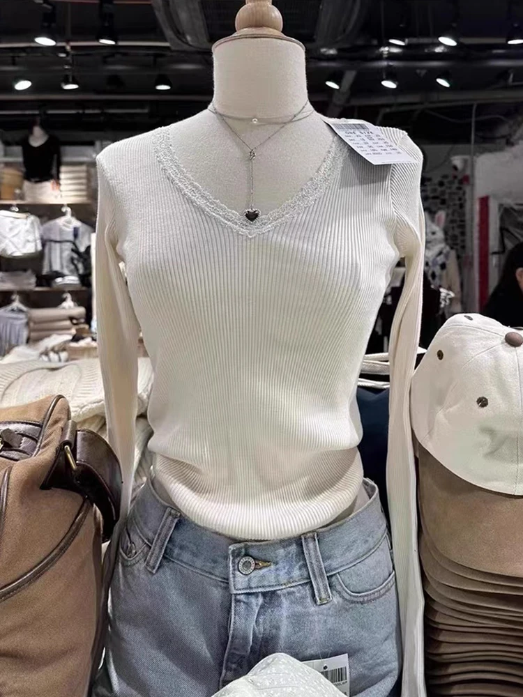 z koronkowym wykończeniem i długim rękawem dla kobiet Nowa jesienna bawełniana koszulka dekoltem w szpic Vintage Solid Sweet T-shirt Odzież Y2k