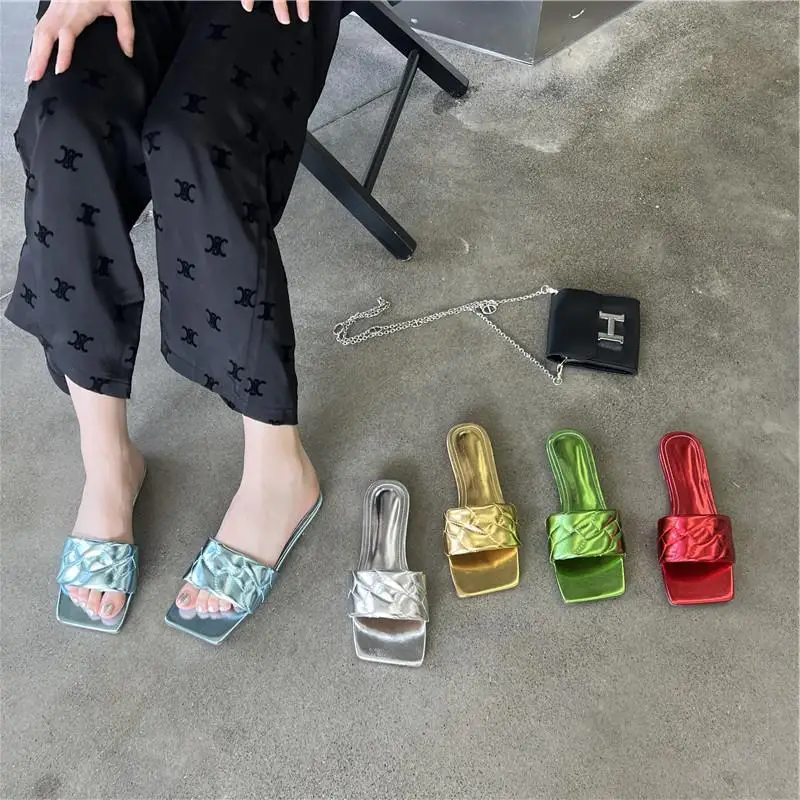 

Slippers Casual Summer Women's Shoes Low Slides Pantofle Luxury 2023 Flat PU Basic Fabric Sewing Fashion Hoof Heels Flat Shoes F