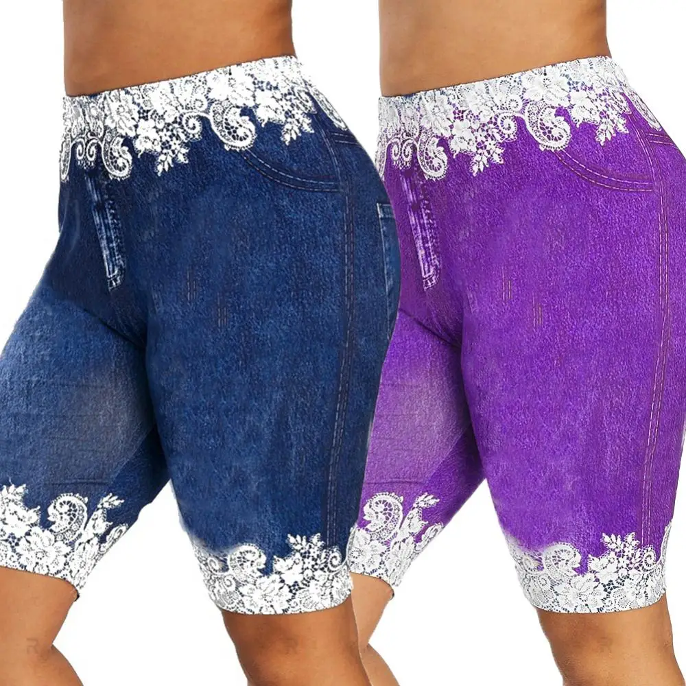 

Sports High Waist Shorts Women Fashion Lace Patchwork Leggings Denim Minipants