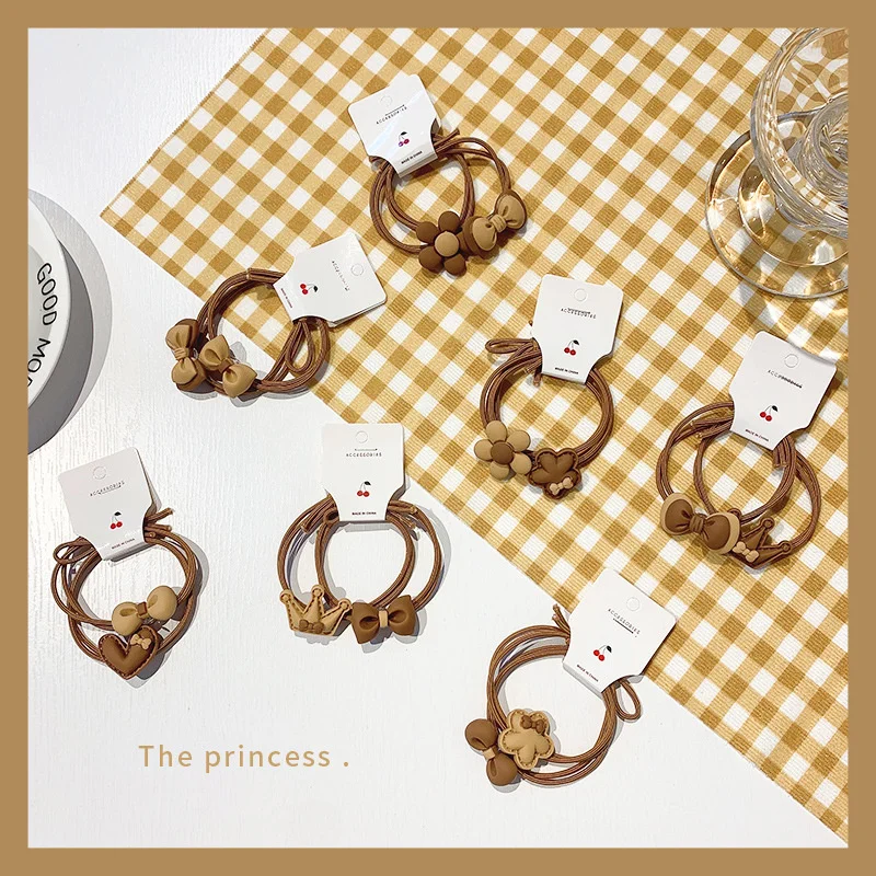 

2Pcs Chocolate Elastic Hair Bands Cute Flower Bear Hair Ties Cute Girls Ponytail Holder Gum Kids Scrunchies Hair Rope Headwear