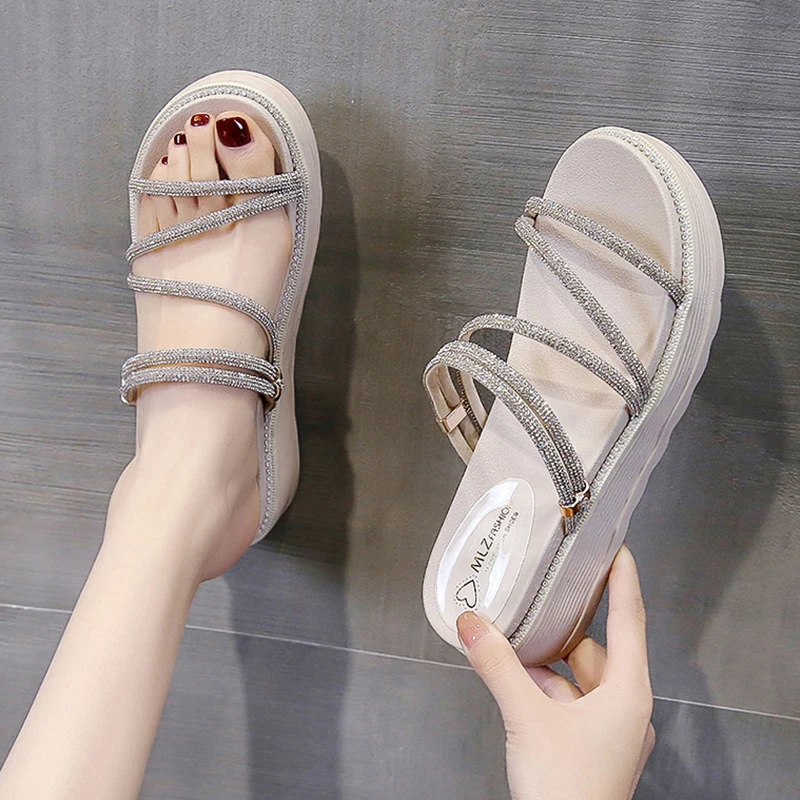 

Comfort Shoes for Women Female Sandal Clogs With Heel Med 2022 Summer Girls Beige Rhinestone New Thick Fashion Gladiator Wedge M