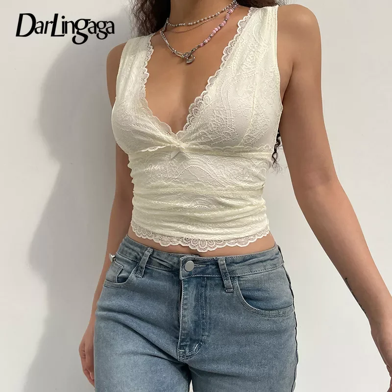 

Darlingaga Y2K Sweet Cute V Neck Bodycon Sexy Tank Top Fashion 2000s Aesthetic Summer Cropped Vest Slim Bow Lace Top Women Cloth