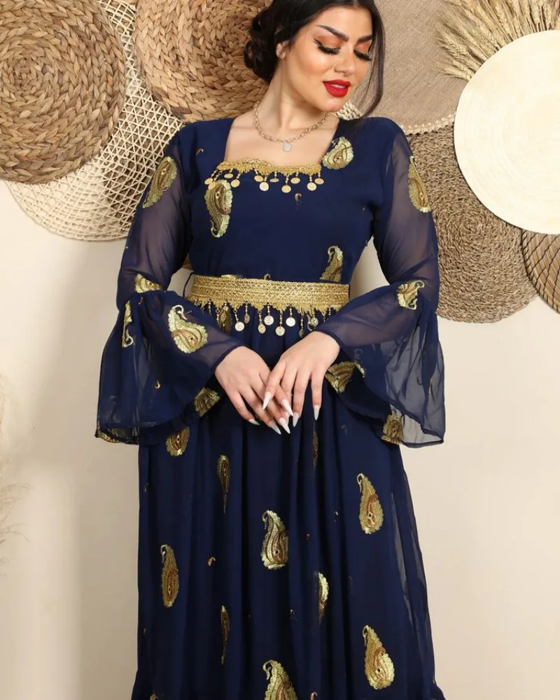 PLEINDI Bohemian Evening Dresses V-Neck Straight Long Sleeves Ankle-Length Chiffon 2022 New of Sequined Boho Prom Dress Women