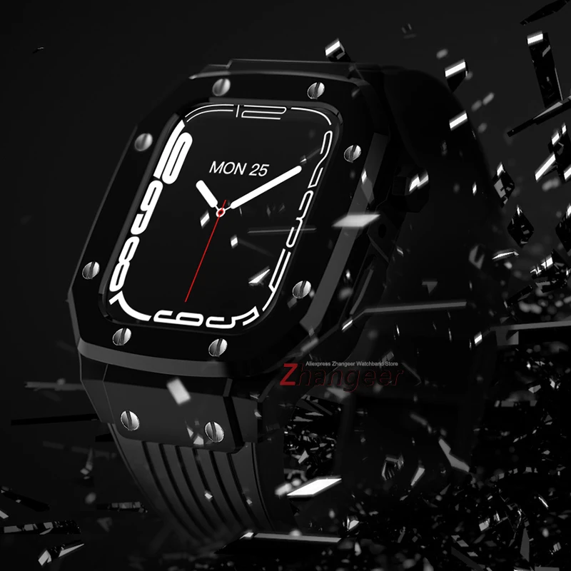 Metal Case for Apple Watch Band 45mm Modification Kit for Iwatchseries 7 6 5 4 SE 44mm Silicone Rubber Strap Luxury Bracelet