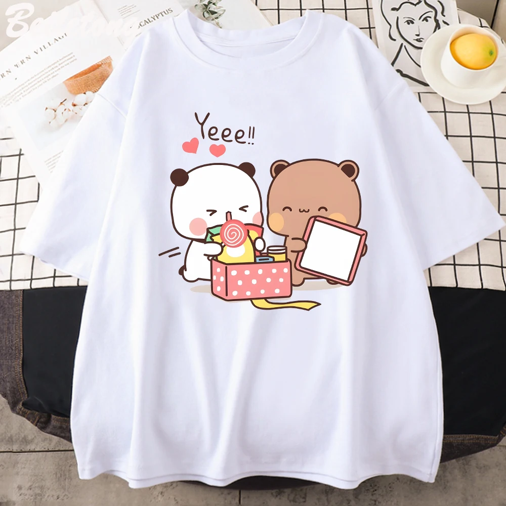 

Panda Bear Cute T Shirt for Women Bubu Dudu Couple Short Sleeved 100% Cotton Kawaii Print 2022 Summer Anime Korean Tops Harajuku