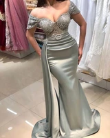 aso ebi arabic plus size grey mermaid sexy evening dresses lace beaded satin prom formal party second reception gowns 2022
