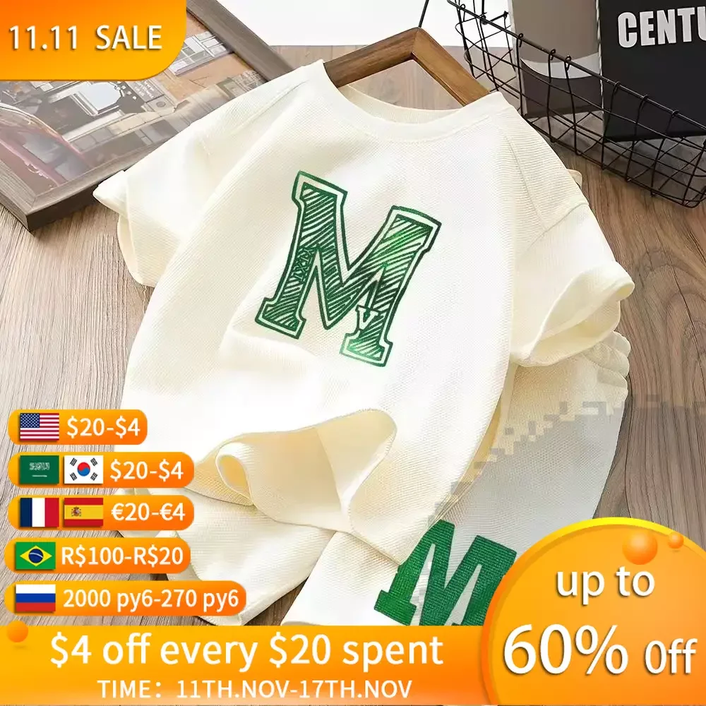 

2023 Summer Children Clothing Sets Boys and Girls Loose Letter Short Sleeve and Shorts 2Pcs Suits Teen Kids Casual Loungewear