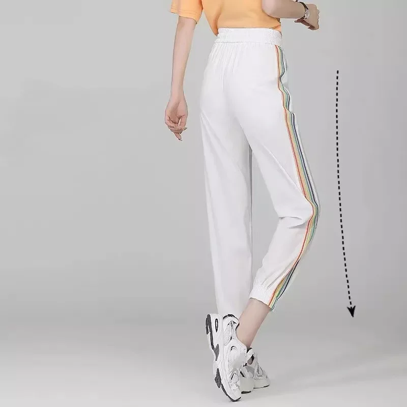 

Женские повседневные спортивные штаны, шаровары с высокой талией, шаровары из вискозы, тонкие свободные брюки в радужную полоску, женские с...