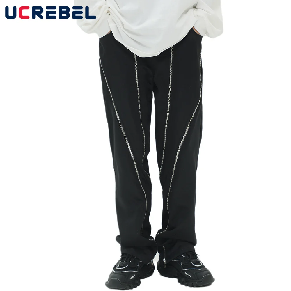 

Solid Color Casual Pants Mens Streetwear Zipper Decoration Straight-leg Pants Elastic Waist Baggy Trousers Men