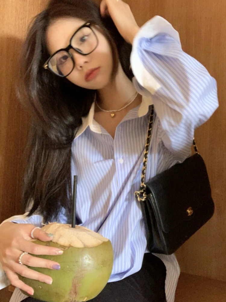 Женские рубашки с панелями в синюю полоску осень 2022 элегантная свободная уличная