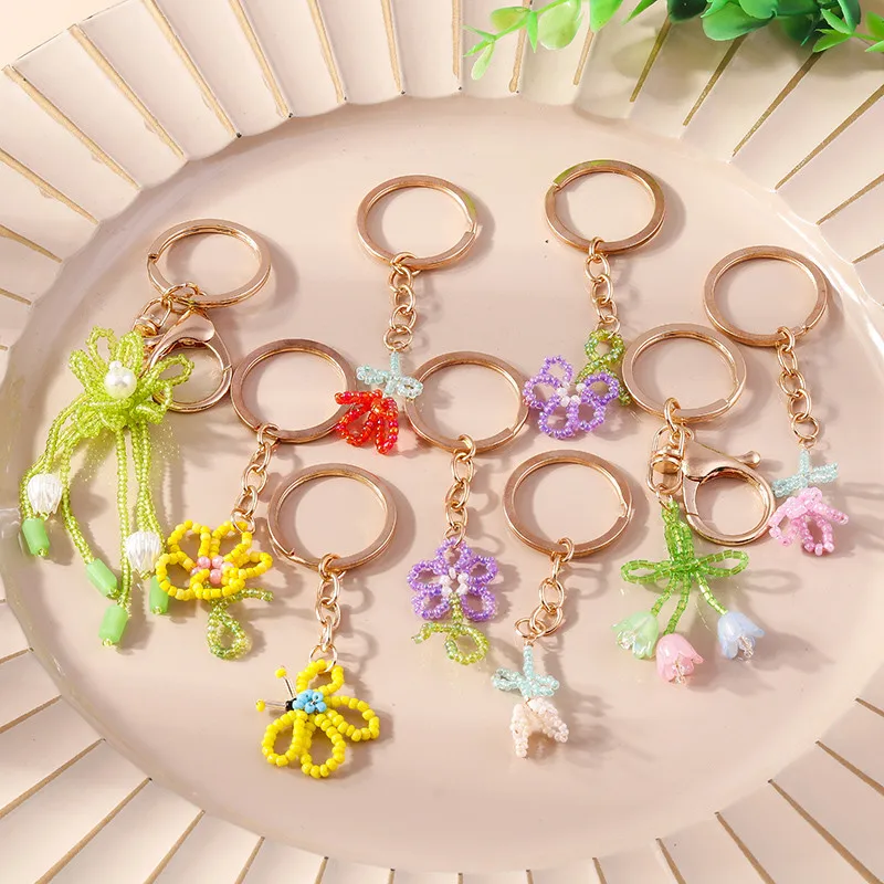 

Handmade Colorful Butterfly Flower Beads Keychain For Women Bohemia Beaded Pendants Car Key Ring Handbag Charms Gifts