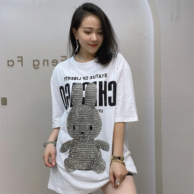 

Fashion Short Sleeve T Shirt for Women Summer Clothes Casual Personality Cartoon Pattern Hot Diamonds Loose Female Tops Tee