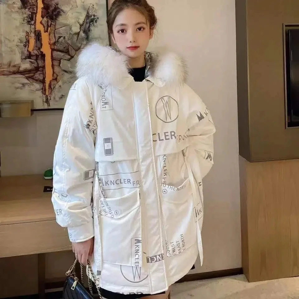 

Parkas Women 2022 Winter New Down Padded Jacket Korean Loose Fashion Slim Down Cotton Coat Fur Collar Thick Warm Print Outerwear