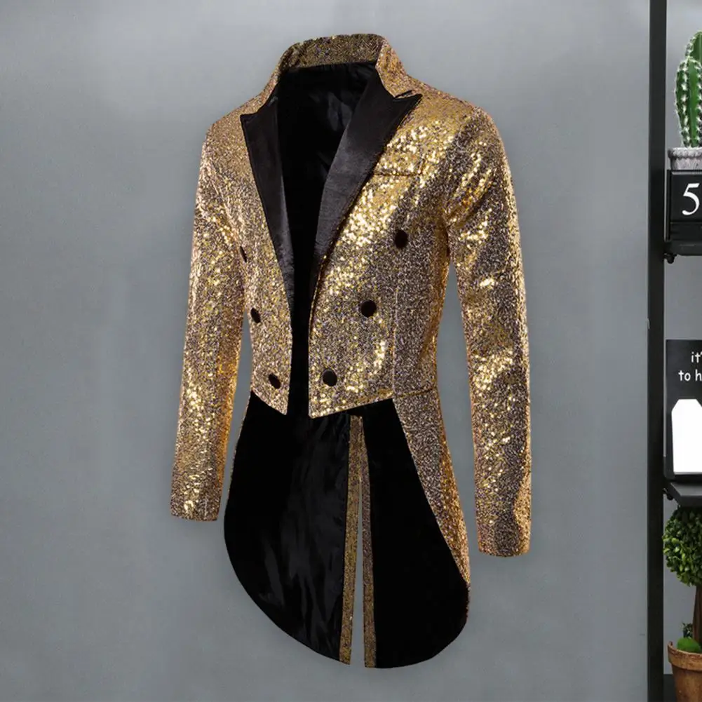 

Men Shiny Sequin Glitter Embellished Blazer Jacket Stand Collar Split Hem Nightclub Prom Suit Coat Singers Stage Tuxedo Clothes