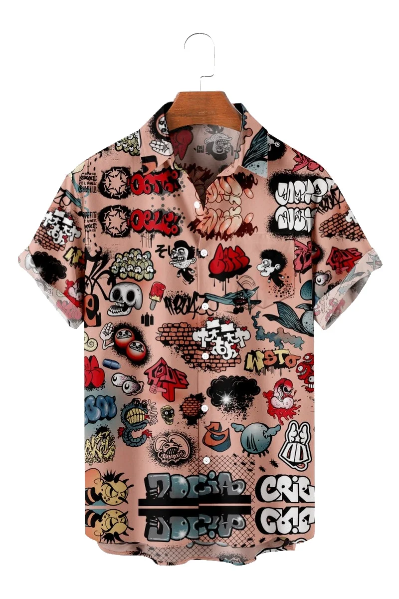 2022 Beach Men's Short Sleeve Lapel Shirt Plus Size Graffiti Culture 2 3D Printed Men's Top with Pockets