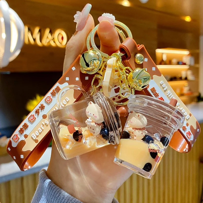 

Cartoon Oiled Pearl Milk Tea Cup Bear Keychain Brown Fashion Milk Tea Bottle Bear Car Key Pendant Cute Bag Ornament Gift
