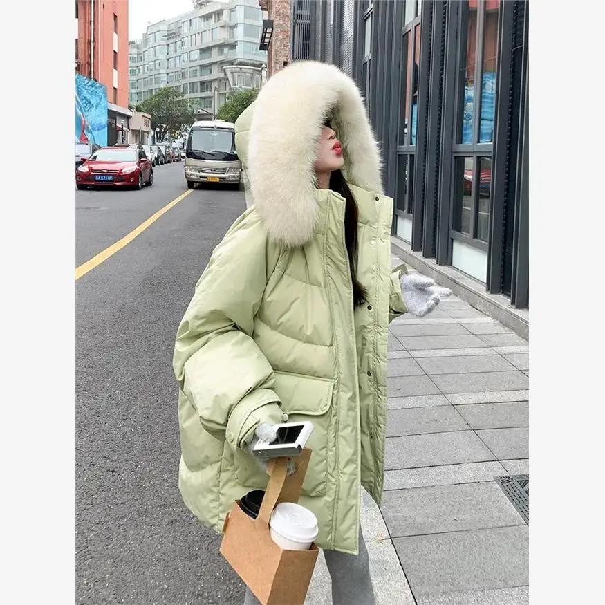 Белый утиный пуховик с капюшоном зима 2023 новый женский корейский средней длины