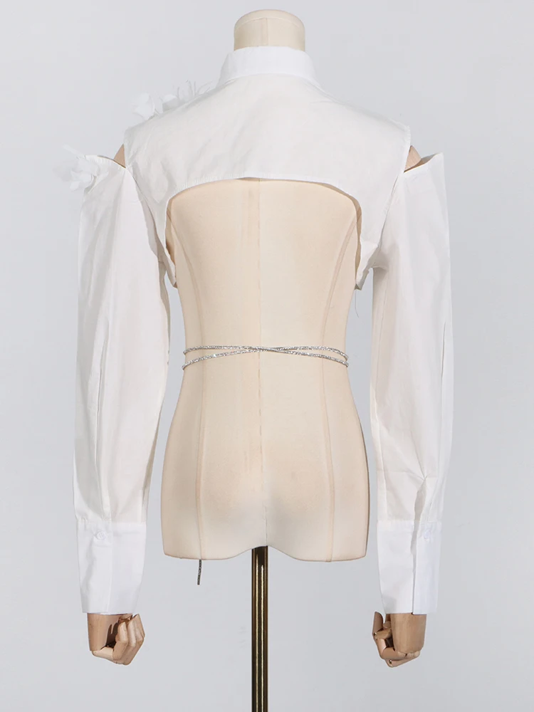 Женская однотонная блузка с отложным воротником длинным рукавом и аппликацией