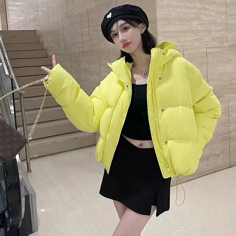 Down Jacket Women's Winter Solid Colour Flower Bud Hat Thickening Warm White Duck Down Hooded Cotton Jacket Hundred with Jacket