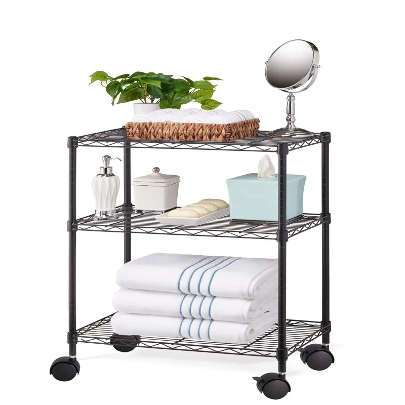 

3 Tier Wire Shelf Unit With 2" Casters 13.4"Dx23.2"Wx32.3"H Black Capacity 200 lbs