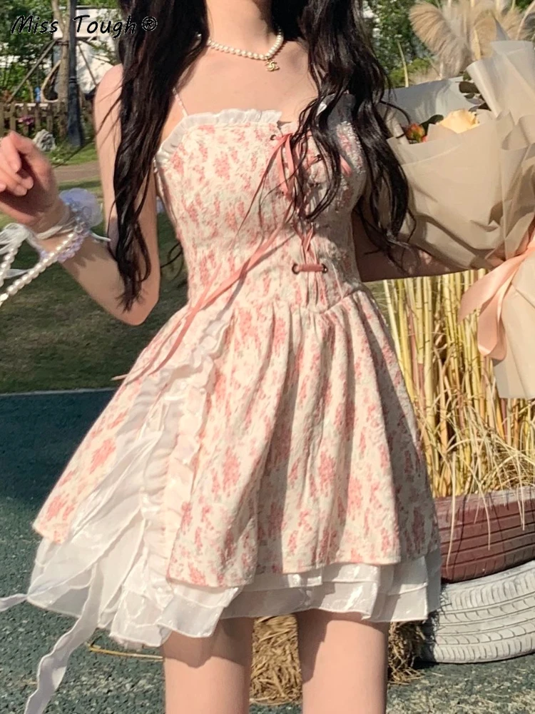 

Floral Korean Kawaii Sweet Dress Women Print Summer Beach Casual Party Mini Dress Fairy Pink Korean Style Cute Strap Dress 2022